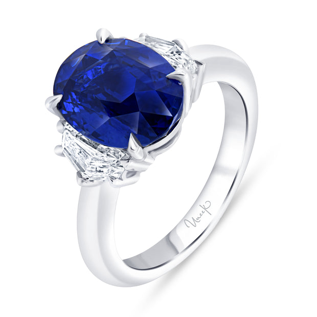 Uneek Precious Collection Three-Stone Oval Shaped Blue Sapphire Engagement Ring