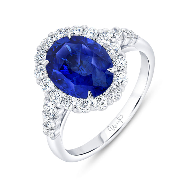 Uneek Precious Collection Halo Oval Shaped Blue Sapphire Engagement Ring