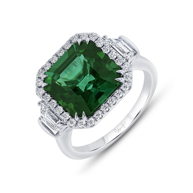 Uneek Precious Collection 3-Stone-Halo Asscher Green Tourmaline Fashion Ring