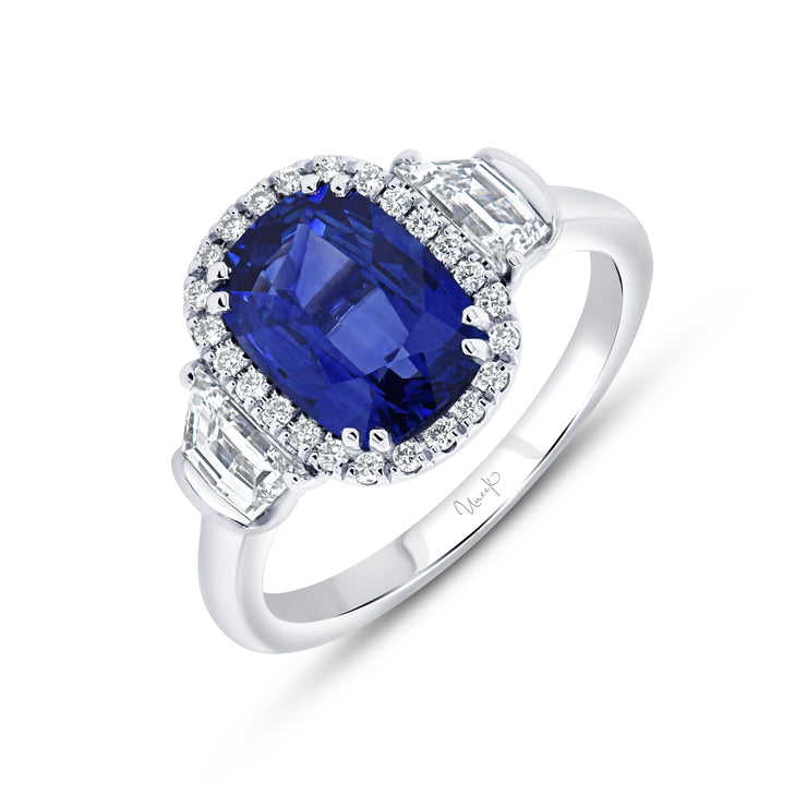 Uneek Precious Collection Three-Stone Cushion Cut Blue Sapphire Engagement Ring