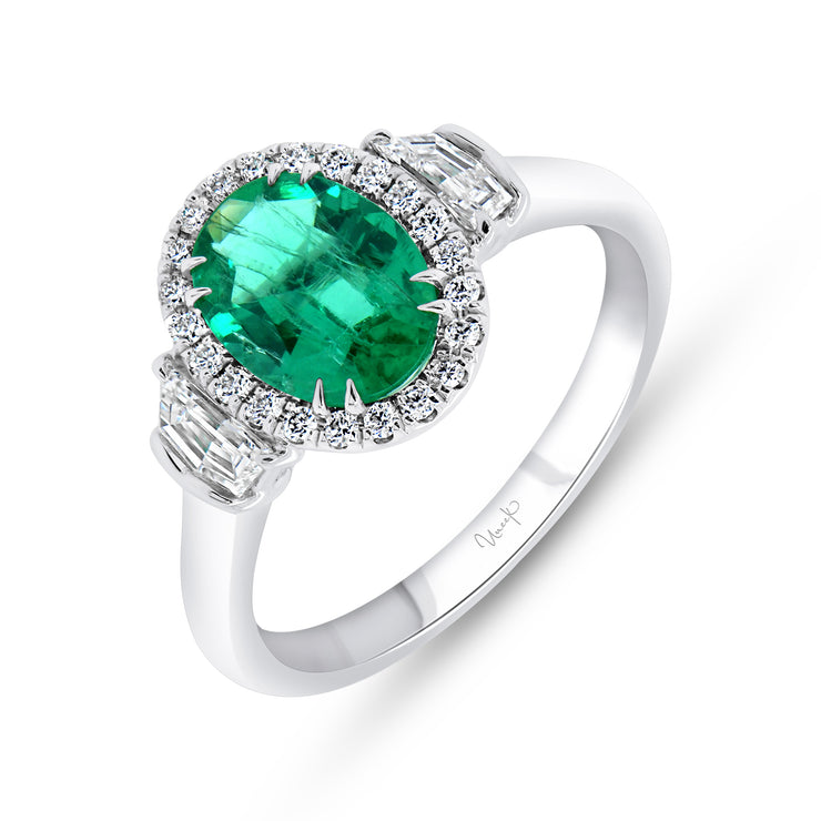 Uneek Precious Collection 3-Stone-Halo Oval Shaped Emerald Engagement Ring