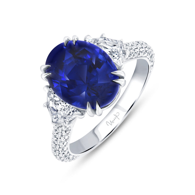 Uneek Precious Collection Three-Stone Oval Shaped Blue Sapphire Engagement Ring