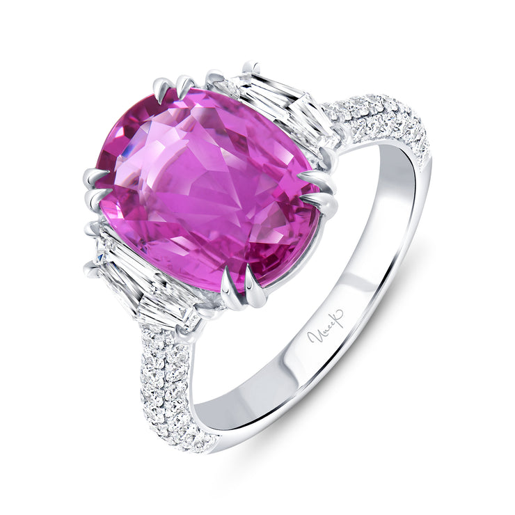 Uneek Precious Collection Three-Stone Oval Shaped Pink Sapphire Engagement Ring