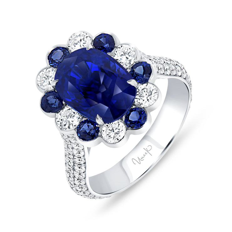 Uneek Precious Collection Halo Cushion Cut Blue Sapphire Engagement Ring