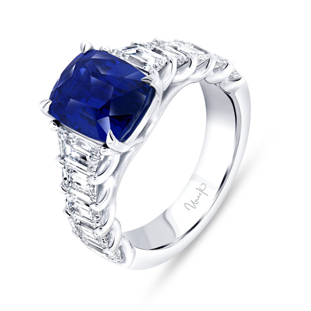 Uneek Precious Collection Tapered Cushion Cut Blue Sapphire Engagement Ring