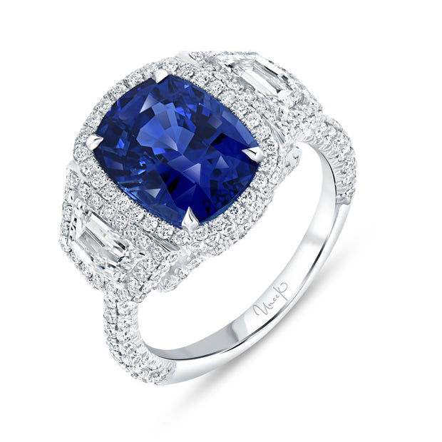 Uneek Precious Collection 3-Stone-Halo Cushion Cut Blue Sapphire Engagement Ring