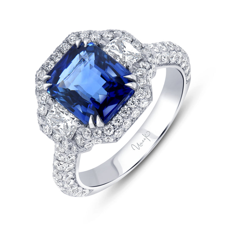 Uneek Precious Collection 3-Stone-Halo Emerald Cut Blue Sapphire Engagement Ring