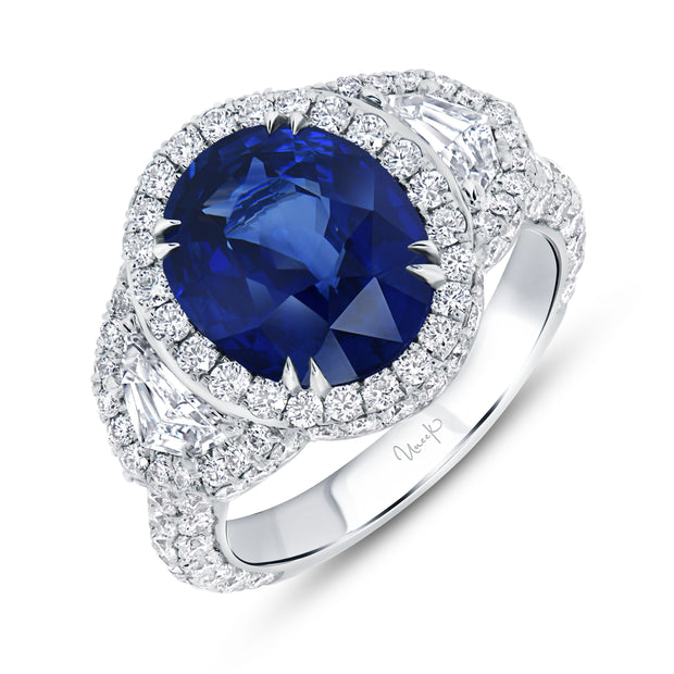 Uneek Precious Collection Halo Oval Shaped Blue Sapphire Engagement Ring