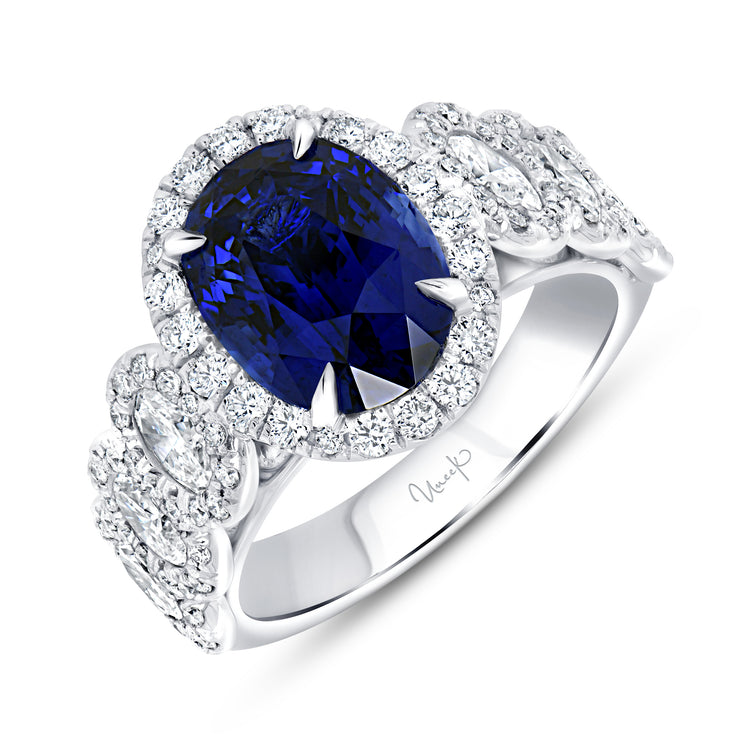 Uneek Precious Collection Halo Oval Shaped Blue Sapphire Engagement Ring