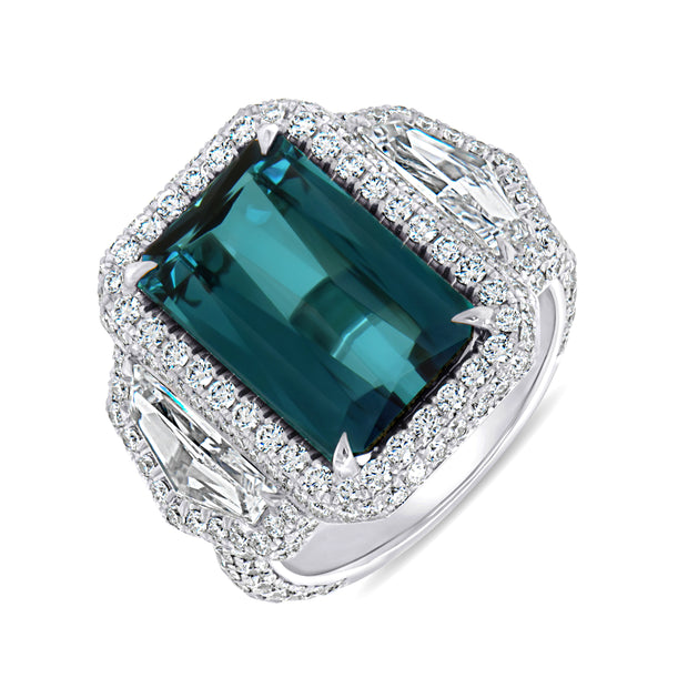 Uneek Precious Collection Three-Stone Emerald Cut Green Tourmaline Engagement Ring