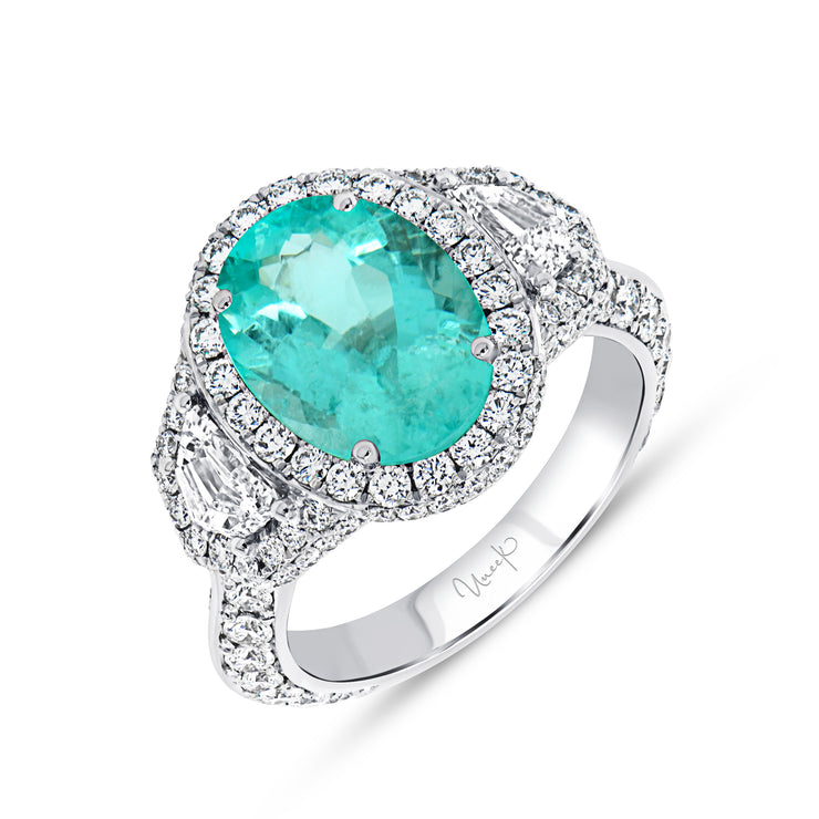 Uneek Precious Collection 3-Stone-Halo Oval Shaped Paraiba Engagement Ring