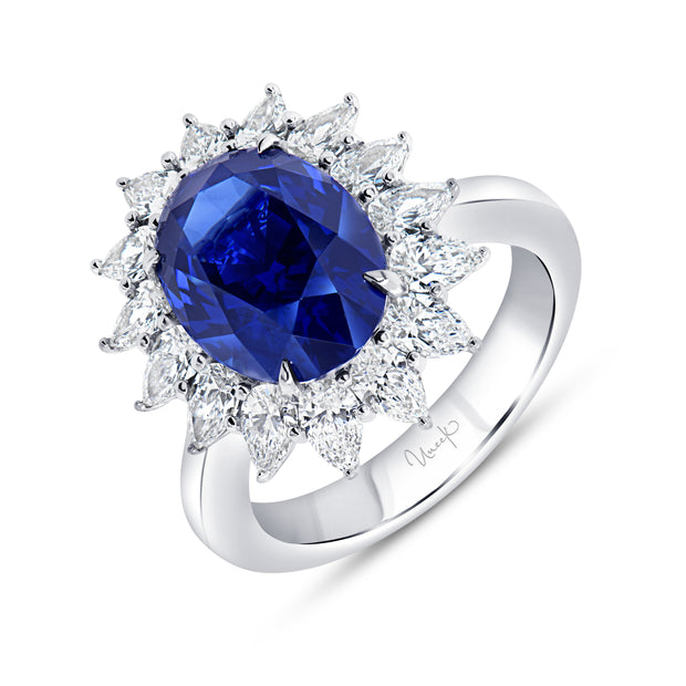 Uneek Precious Collection Halo Oval Shaped Blue Sapphire Engagement Ring