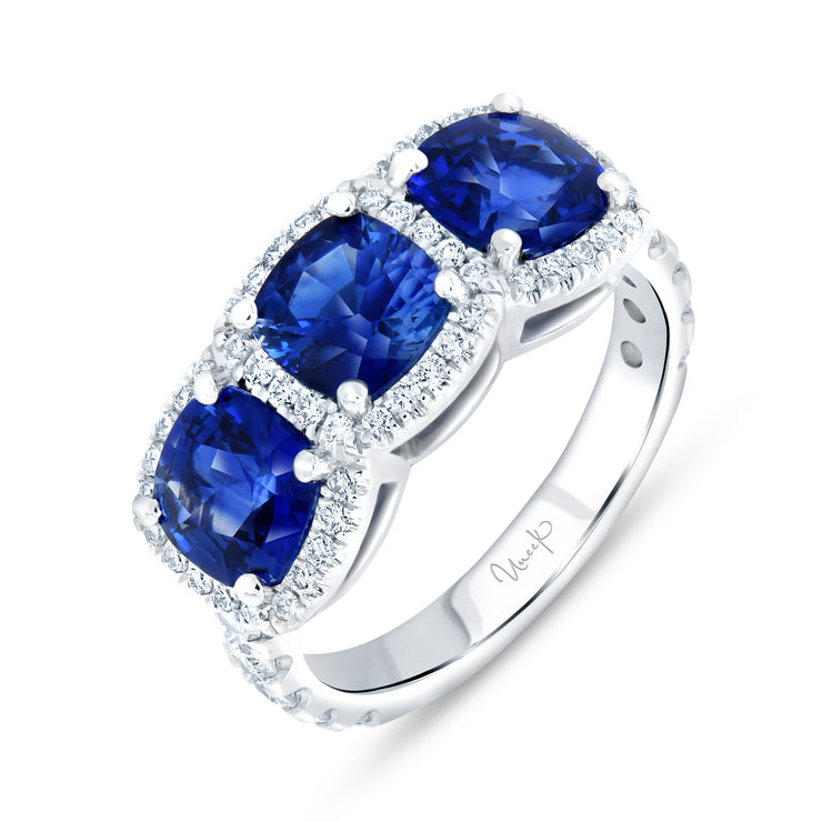 Uneek Precious Collection 3-Stone-Halo Cushion Cut Blue Sapphire Engagement Ring