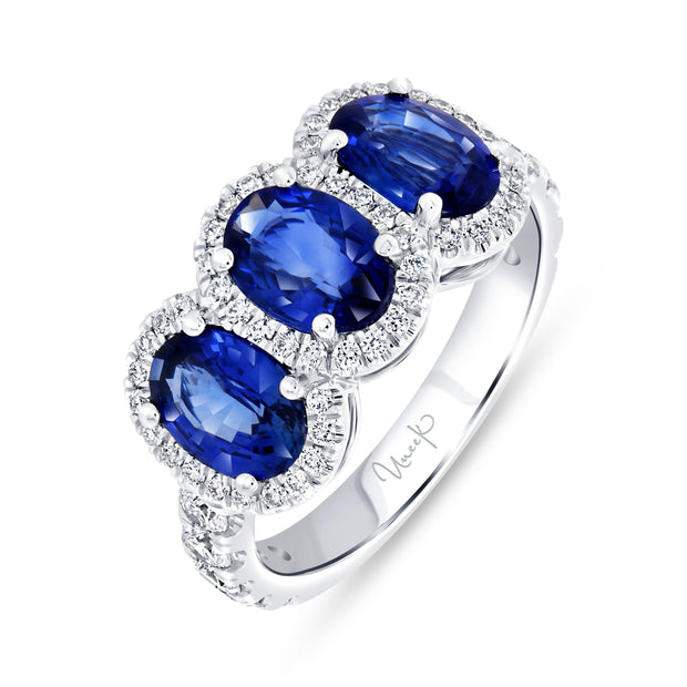 Uneek Precious Collection 3-Stone-Halo Oval Shaped Blue Sapphire Engagement Ring