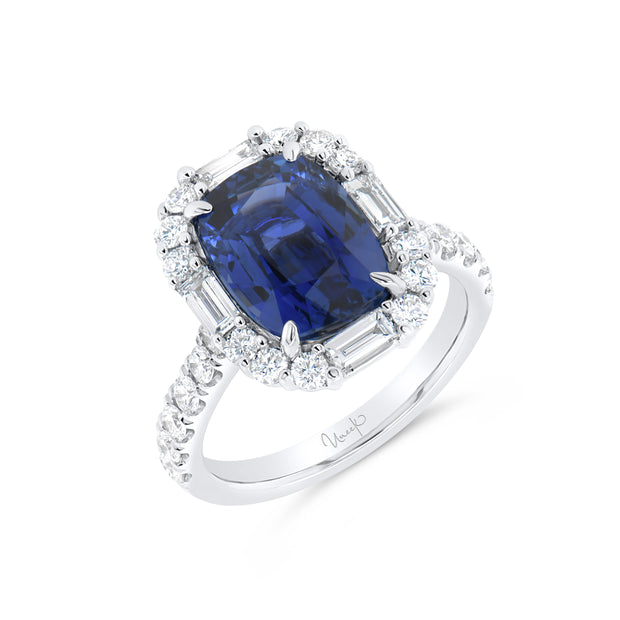 Uneek Precious Collection Halo Cushion Cut Blue Sapphire Engagement Ring