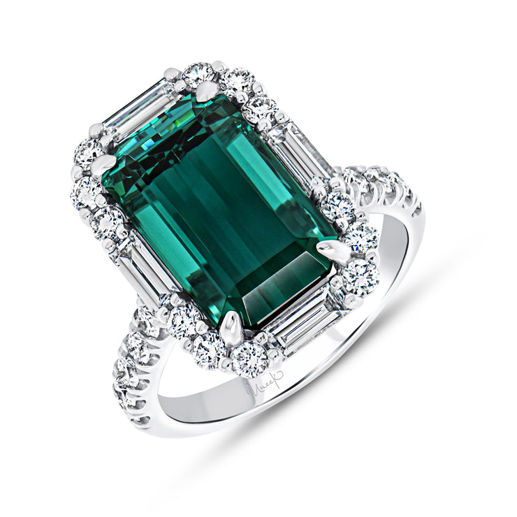 Uneek Precious Collection Halo Emerald Cut Green Tourmaline Engagement Ring