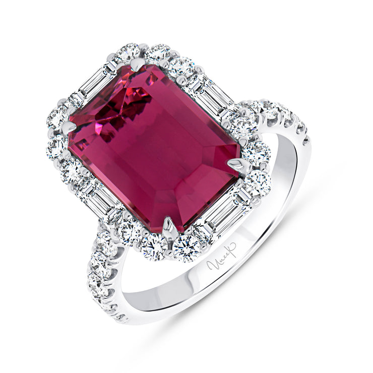 Uneek Precious Collection Halo Emerald Cut Rubellite Fashion Ring