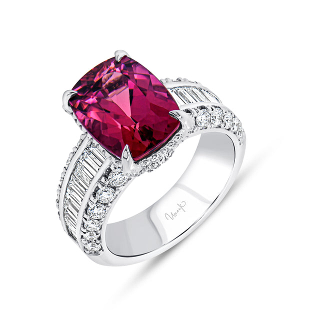 Uneek Precious Collection Halo Cushion Cut Rubellite Engagement Ring