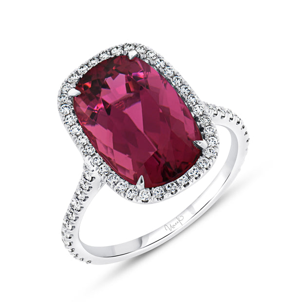 Uneek Precious Collection Halo Cushion Cut Rubellite Engagement Ring