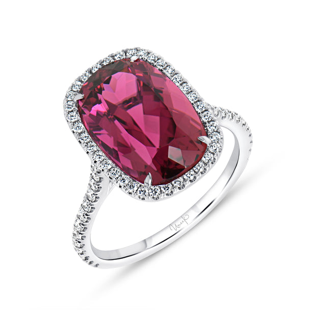 Uneek Precious Collection Halo Cushion Cut Rubellite Engagement Ring