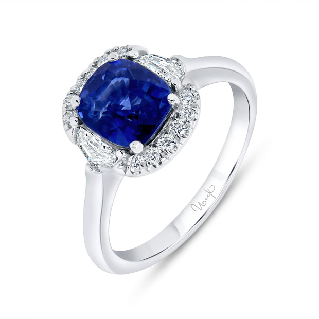 Uneek Precious Collection 3-Stone-Halo Cushion Cut Blue Sapphire Engagement Ring