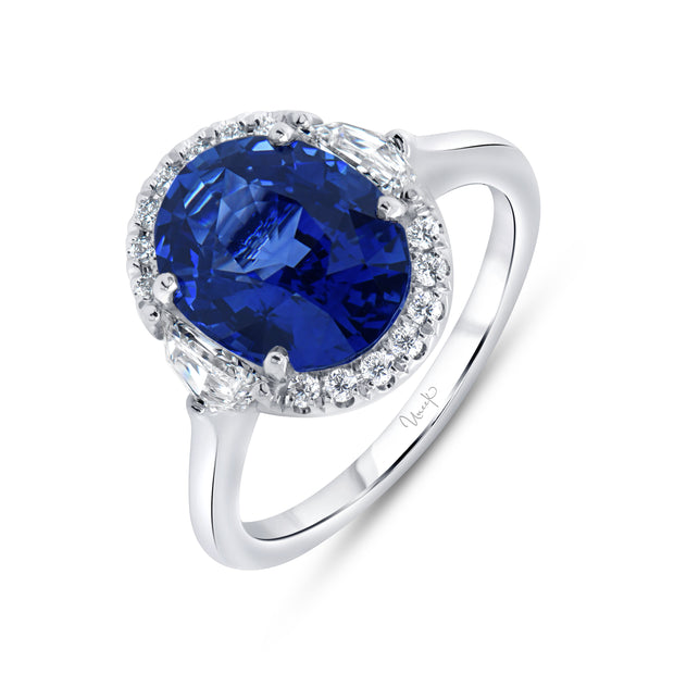 Uneek Precious Collection 3-Stone-Halo Oval Shaped Blue Sapphire Engagement Ring