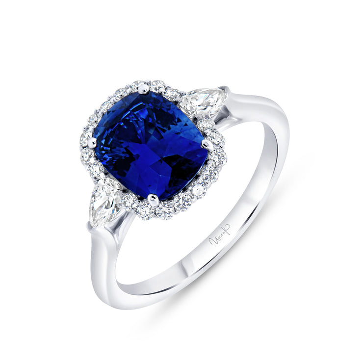 Uneek Precious Collection 3-Stone-Halo Cushion Cut Blue Sapphire Engagement Ring