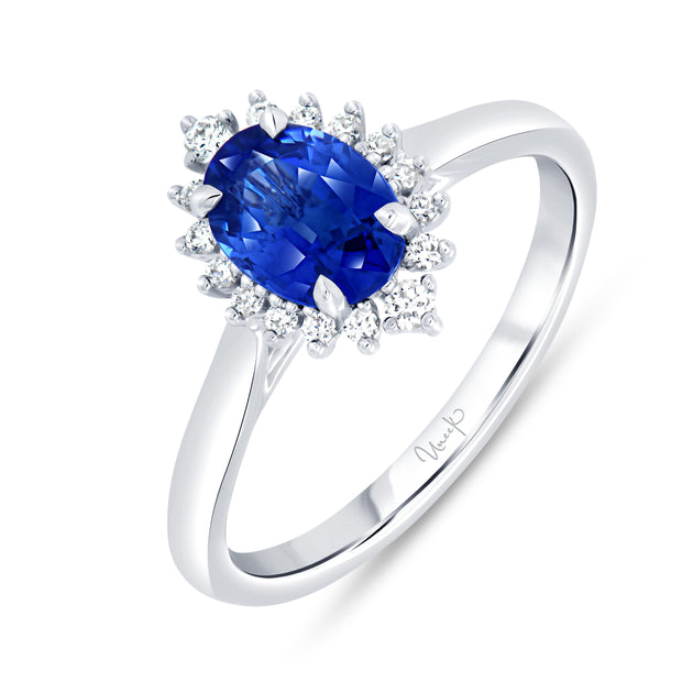 Uneek Precious Collection Halo Oval Shaped Blue Sapphire Engagement Ring