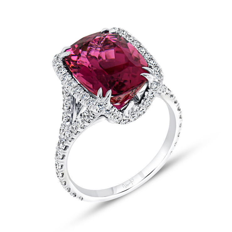 Uneek Precious Collection Halo Cushion Cut Rubellite Engagement Ring