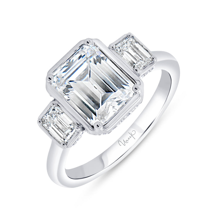 Uneek Alexandria Collection Three-Stone Emerald Cut Engagement Ring