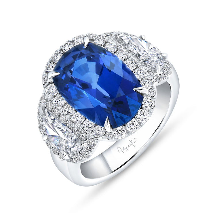 Uneek Precious Collection 3-Stone-Halo Cushion Cut Blue Sapphire Engagement Ring