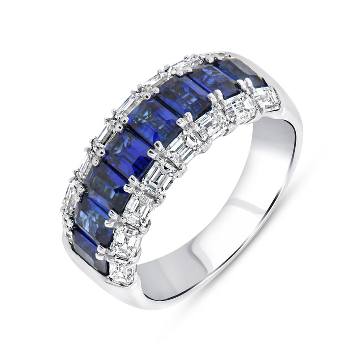 Uneek Precious Collection 3-Row Emerald Cut Blue Sapphire Anniversary Ring