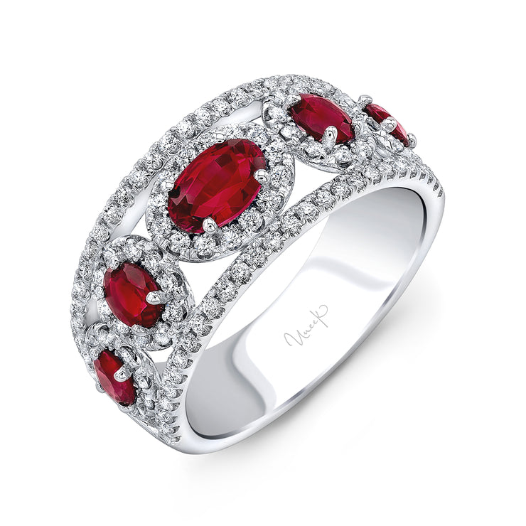 Uneek Precious Collection 5-Stone-Halo Oval Shaped Ruby Fashion Ring