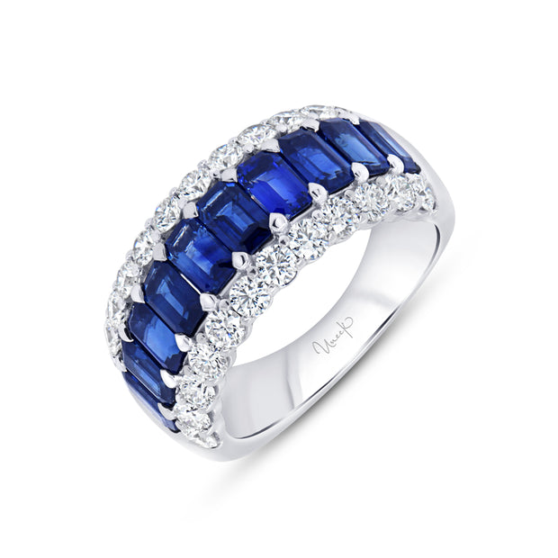 Uneek Precious Collection 3-Row Emerald Cut Blue Sapphire Anniversary Ring