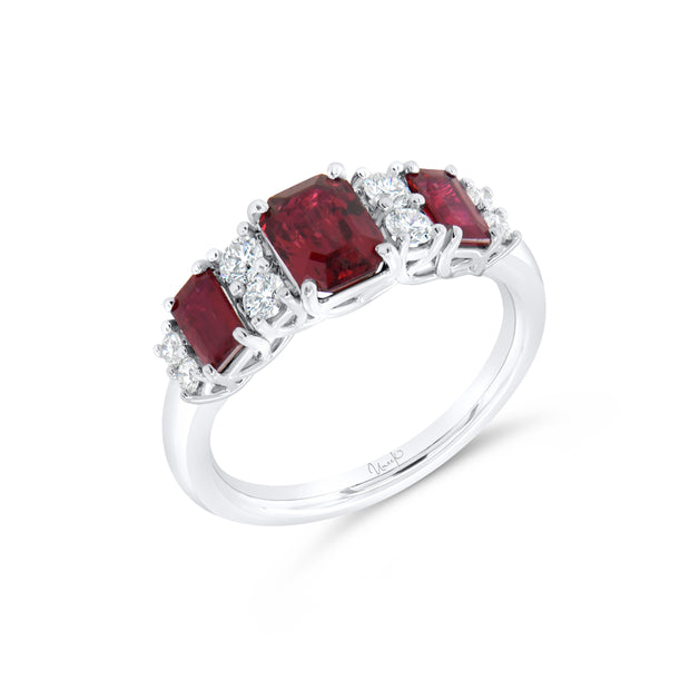 Uneek Precious Collection Three-Stone Emerald Cut Ruby Anniversary Ring