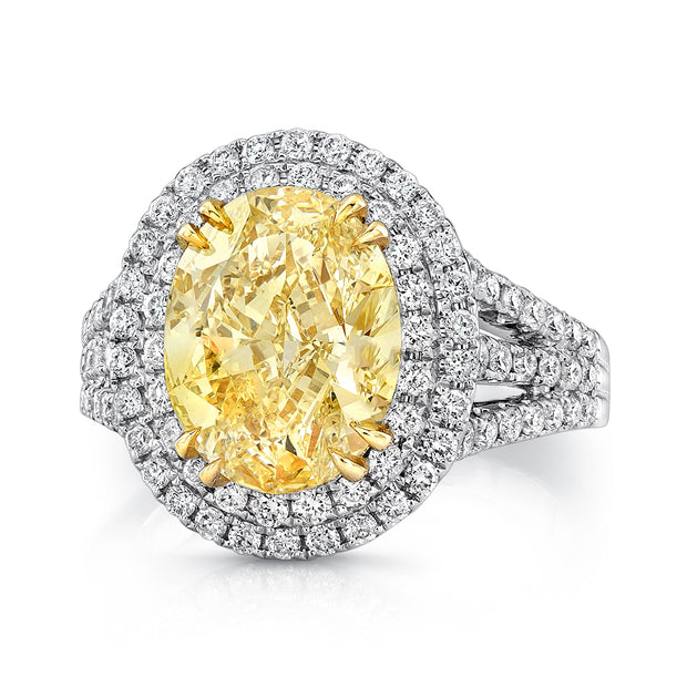 Uneek 4-Carat Oval Fancy Yellow Diamond Ring with Double Halo and Triple Shank