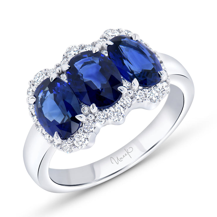 Uneek Precious Collection 3-Stone-Halo Oval Shaped Blue Sapphire Fashion Ring