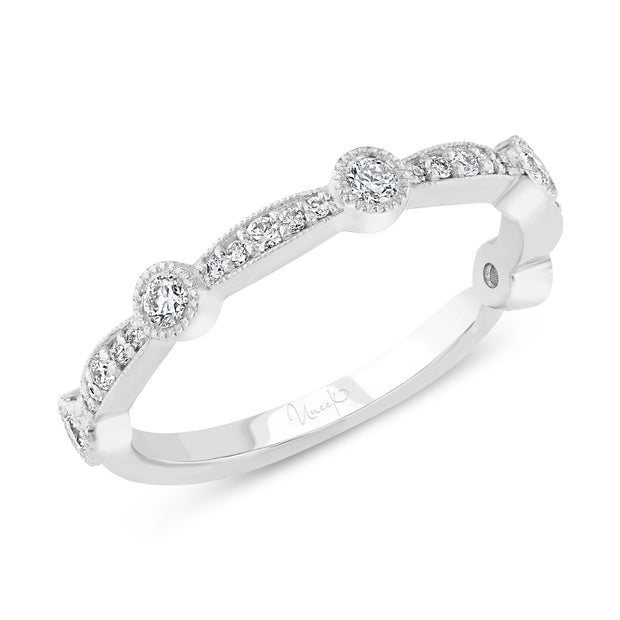 Uneek Us Collection Diamond Wedding Band with Milgrain-Trimmed Pave Bars and Bezel Station Accents