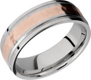 Cobalt chrome 7.5mm flat band with grooved edges and reverse milgrain detail and inlay of 14K rose gold