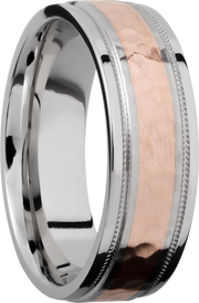 Cobalt chrome 7.5mm flat band with grooved edges and reverse milgrain detail and inlay of 14K rose gold