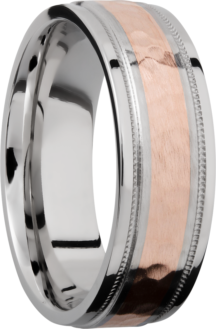 Cobalt chrome 7.5mm flat band with grooved edges and reverse milgrain detail and inlay of 14K rose gold