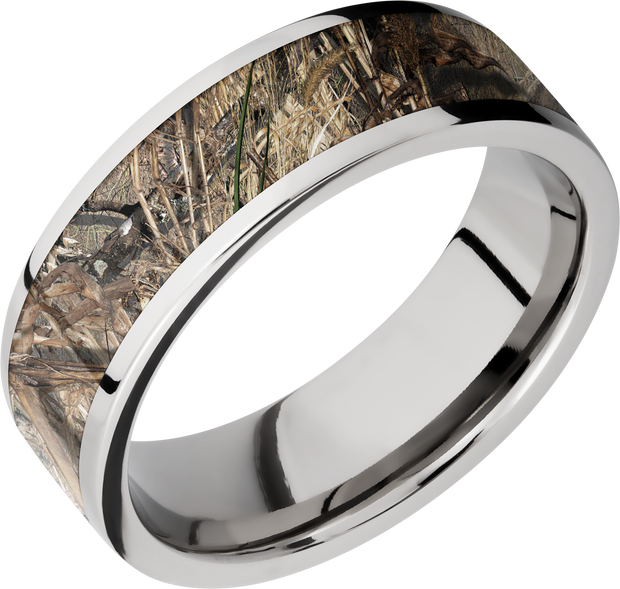 Cobalt chrome 7mm flat band with a 5mm inlay of Mossy Oak Duck Blind Camo