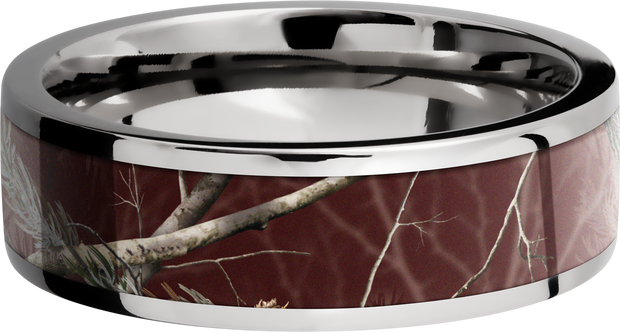 Cobalt chrome 7mm flat band with a 5mm inlay of Realtree APC Maroon Camo