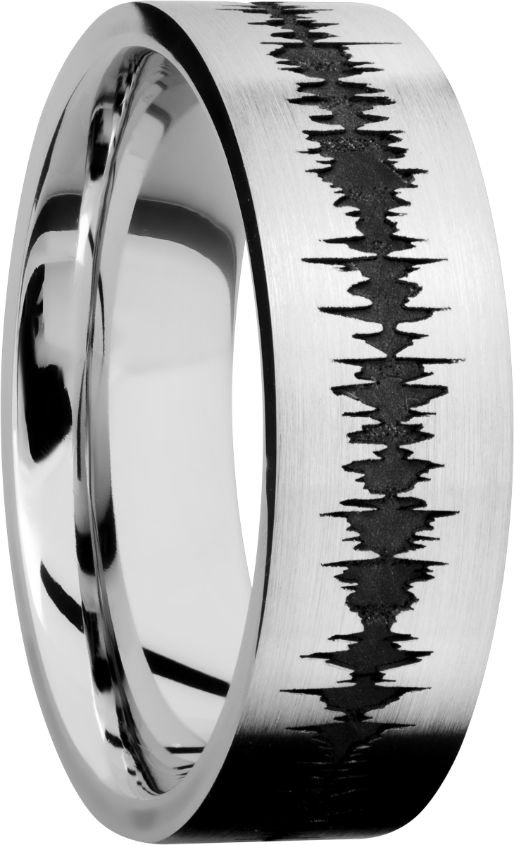 Cobalt chrome 7mm flat band with a laser-carved soundwave