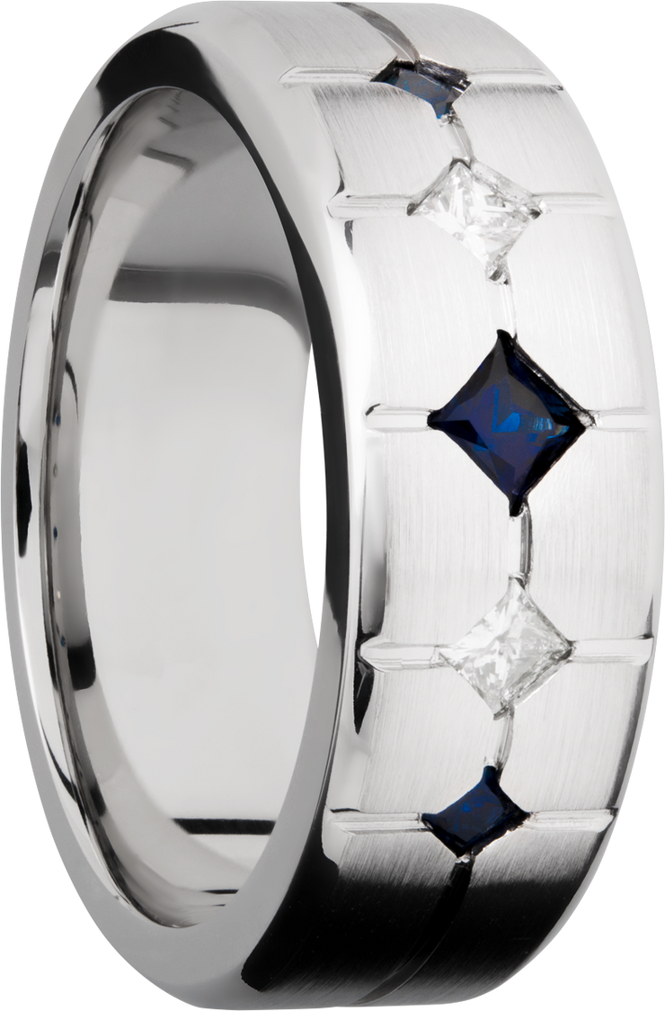 Cobalt chrome 8mm beveled band with 3 sapphires and 2 diamonds