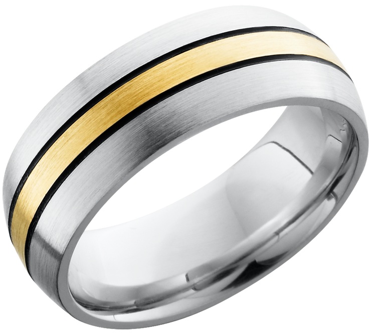 Cobalt chrome 8mm domed band with a 2mm inlay of 14K yellow gold and antiquing on either side