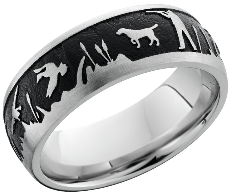 Cobalt chrome 8mm domed band with a laser-carved duck hunt pattern