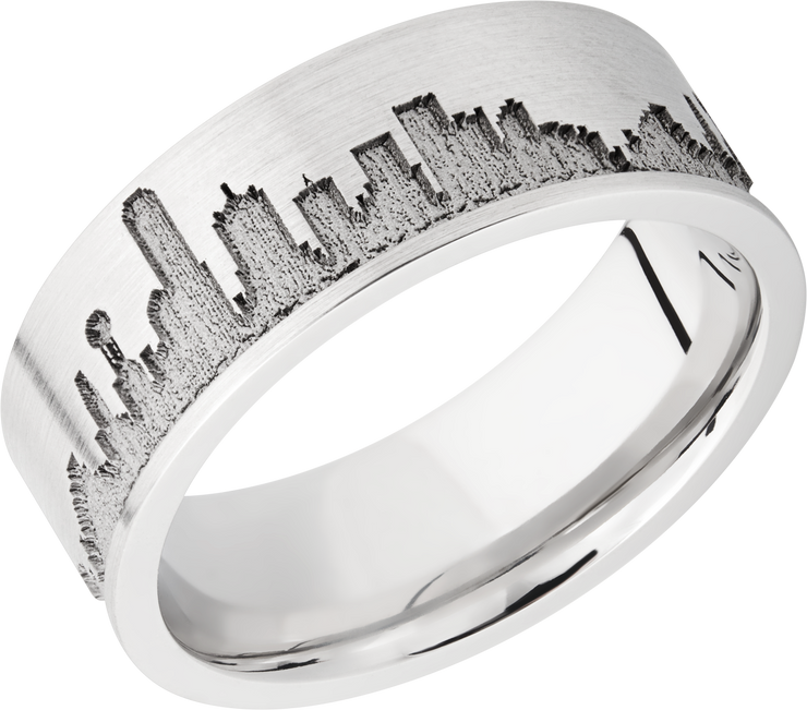 Cobalt chrome 8mm flat band with laser-carved Dallas skyline