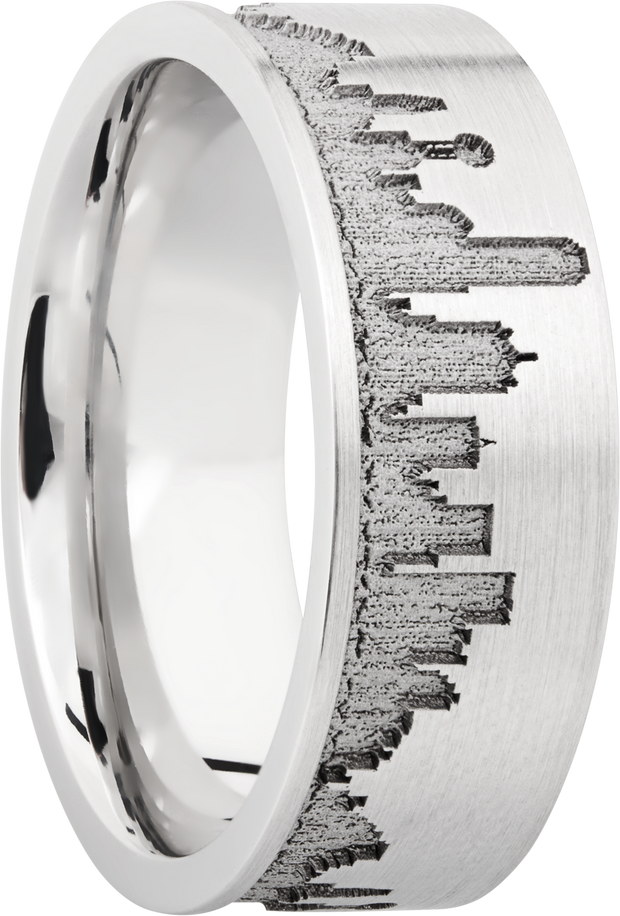 Cobalt chrome 8mm flat band with laser-carved Dallas skyline