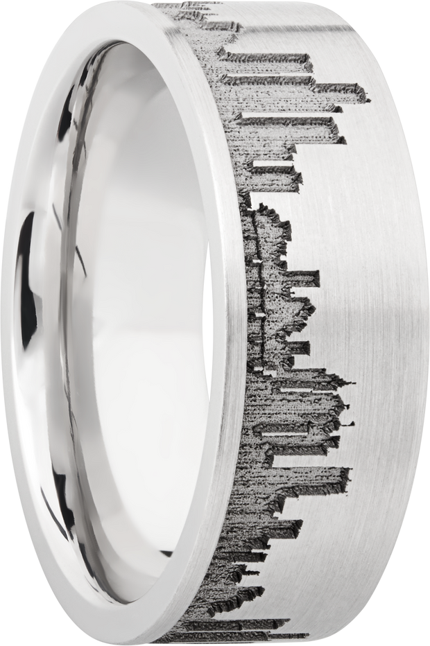 Cobalt chrome 8mm flat band with laser-carved Detroit skyline